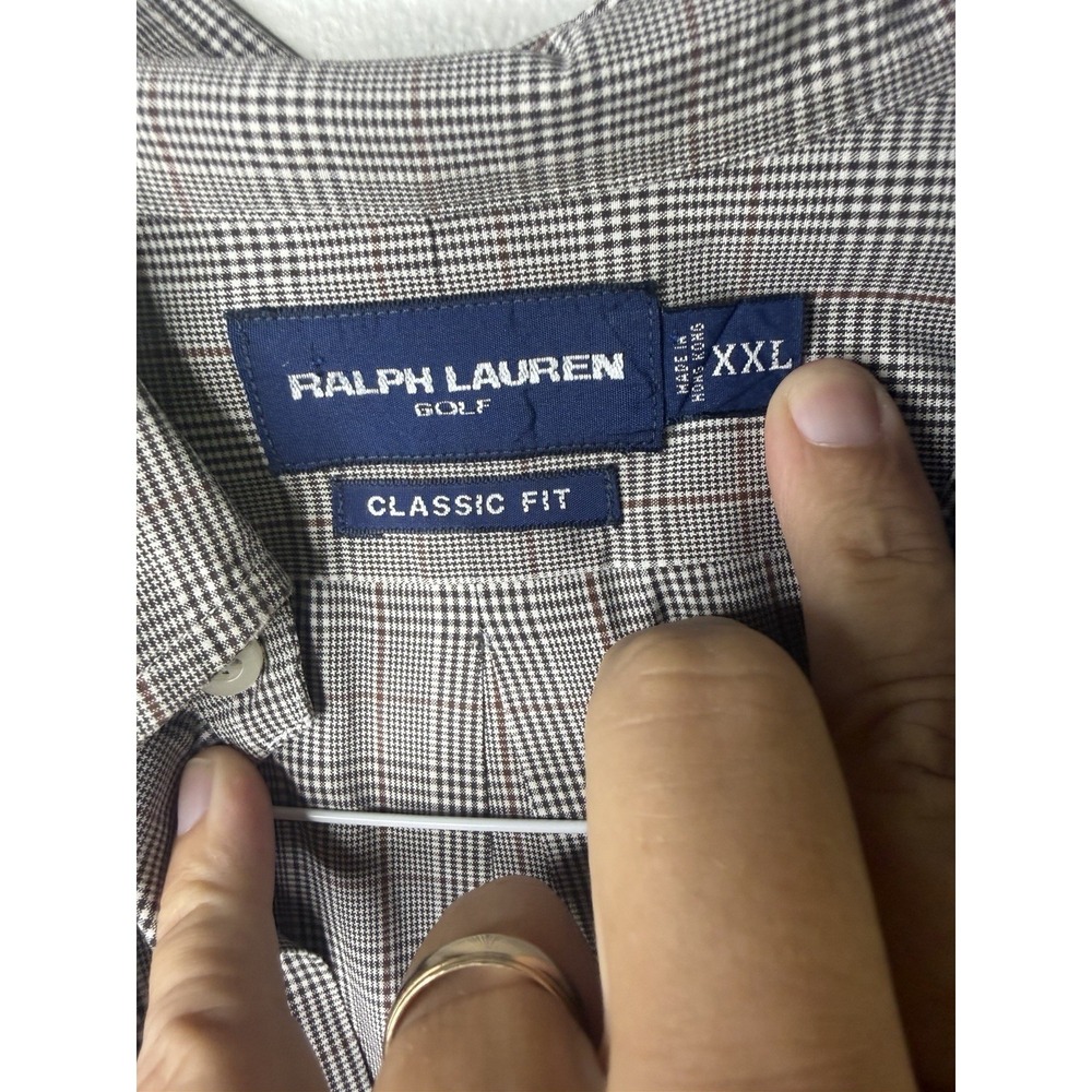 Ralph Lauren Golf XXL Button Down Long Sleeve Gray Plaid Shirt Brown Pony Logo - Picture 3 of 4
